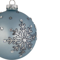 Set of 2 Light Blue Jeweled Reflective Snowflakes Glass Christmas Ball Ornaments 4"