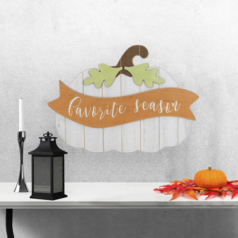 19" White Wooden Pumpkin Favorite Season Hanging Wall Sign