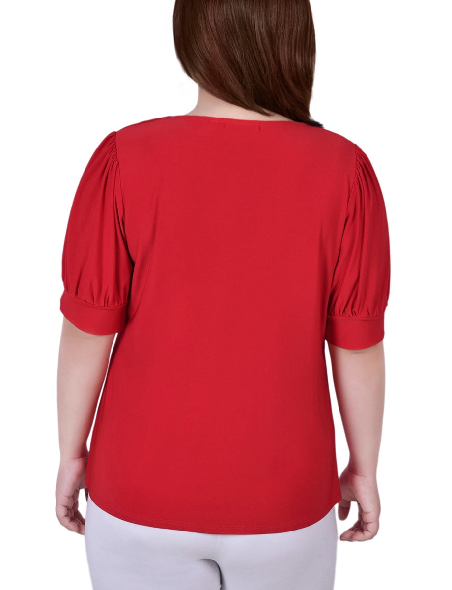  NY Collection Plus Size Short Sleeve Balloon Sleeve Top With Hardware - Bittersweet - Bonton