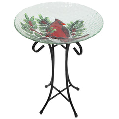 21" Red Cardinal and Pine Cone Glass Bird Bath With Stand