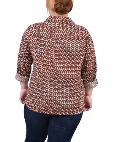 Plus Size 3/4 Sleeve Roll Tab Notch Collar Blouse