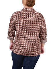 Plus Size 3/4 Sleeve Roll Tab Notch Collar Blouse