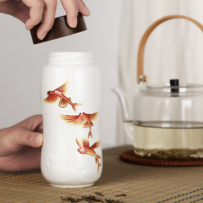  Acera The Joy of Fish Travel Mug ( Double Wall ) - White with Red Fishes (Hand- painted) - Bonton