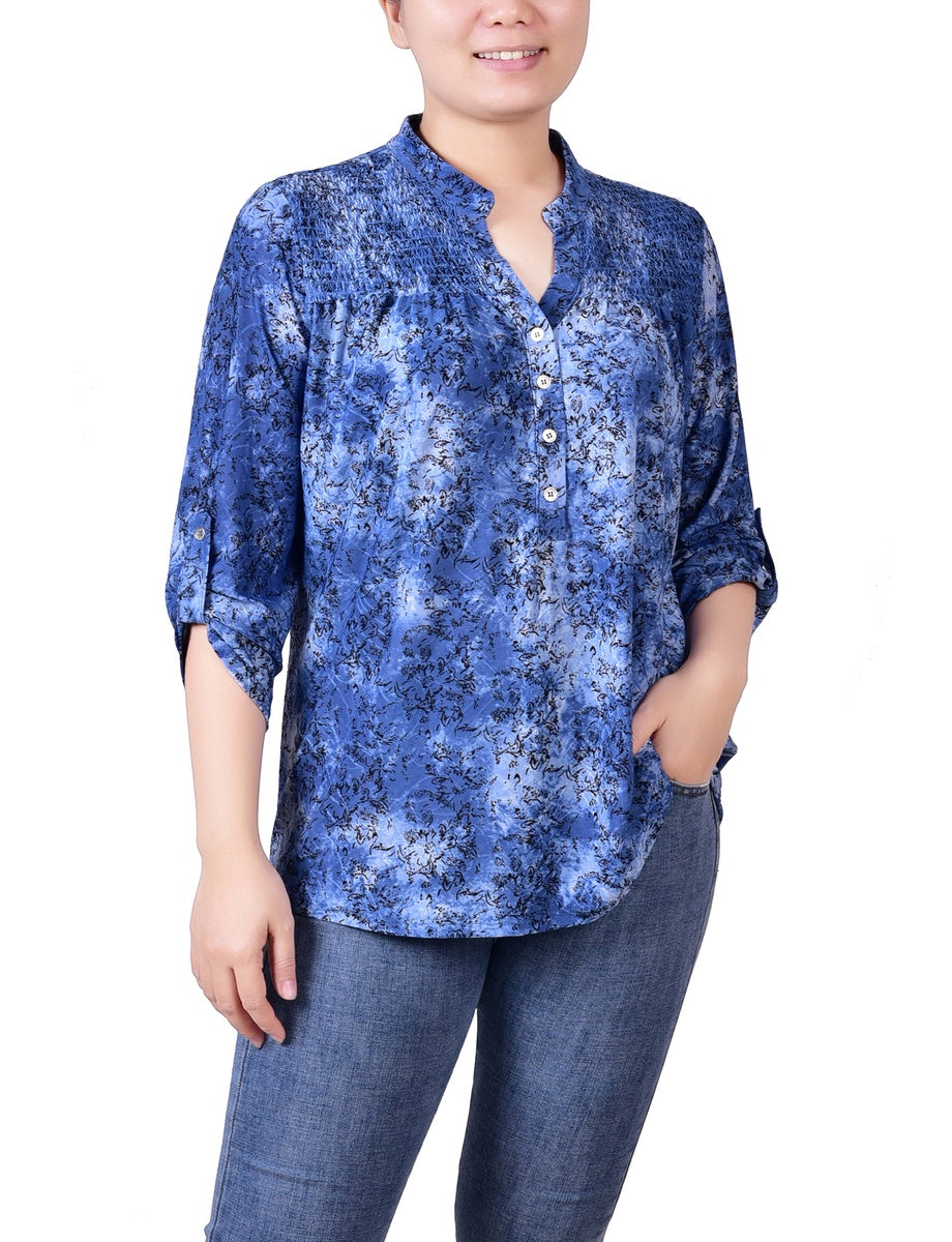  NY Collection Petite 3/4 Roll Tab Sleeve Smocked-Yoke Top - Etch Dark Blue - Bonton