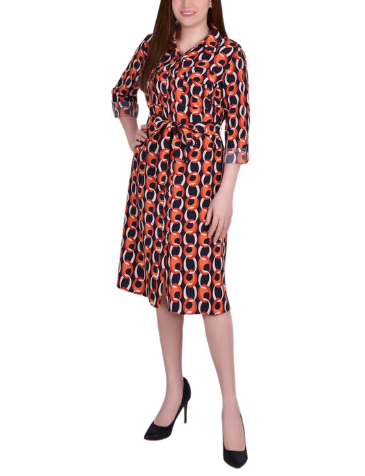 Petite 3/4 Roll Tab Sleeve Belted Shirtdress