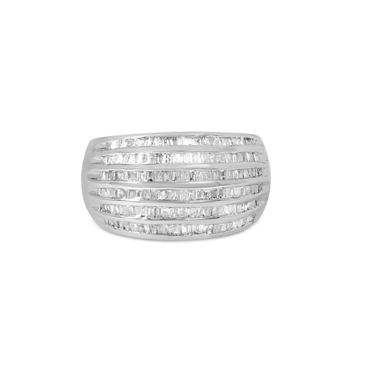 .925 Sterling Silver 1.0 Cttw Baguette-Cut Diamond 6-Row Channel Set Domed Tapered Cocktail Fashion Ring (H-I Color, I2-I3 Clarity) - Size 6-3/4