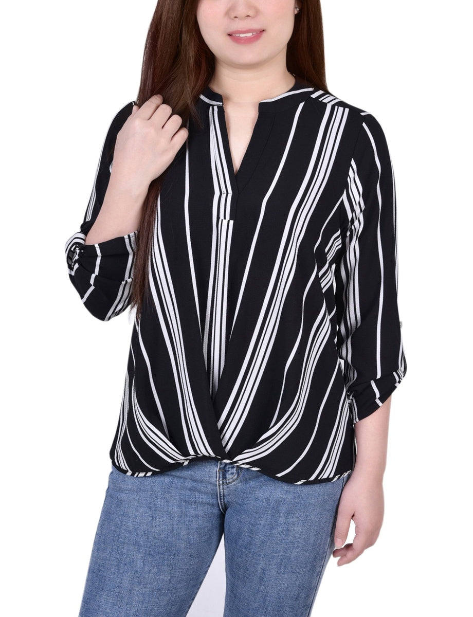  NY Collection Petite 3/4 Sleeve Mandarin Collar Blouse With Front Pleats - Black Mauve Stripe - Bonton