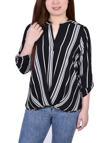 Petite 3/4 Sleeve Mandarin Collar Blouse With Front Pleats
