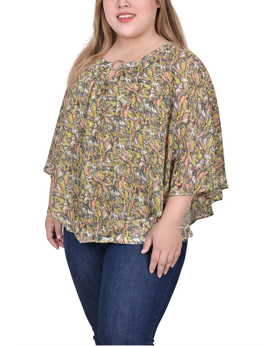  NY Collection Plus Size Chiffon Poncho Top With Ring - Ivory Floral - Bonton