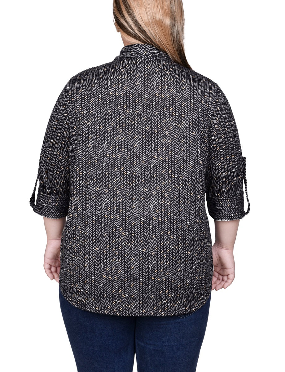  NY Collection Plus Size Long Sleeve Button Front Tunic Top - Rust Denim Plaid - Bonton