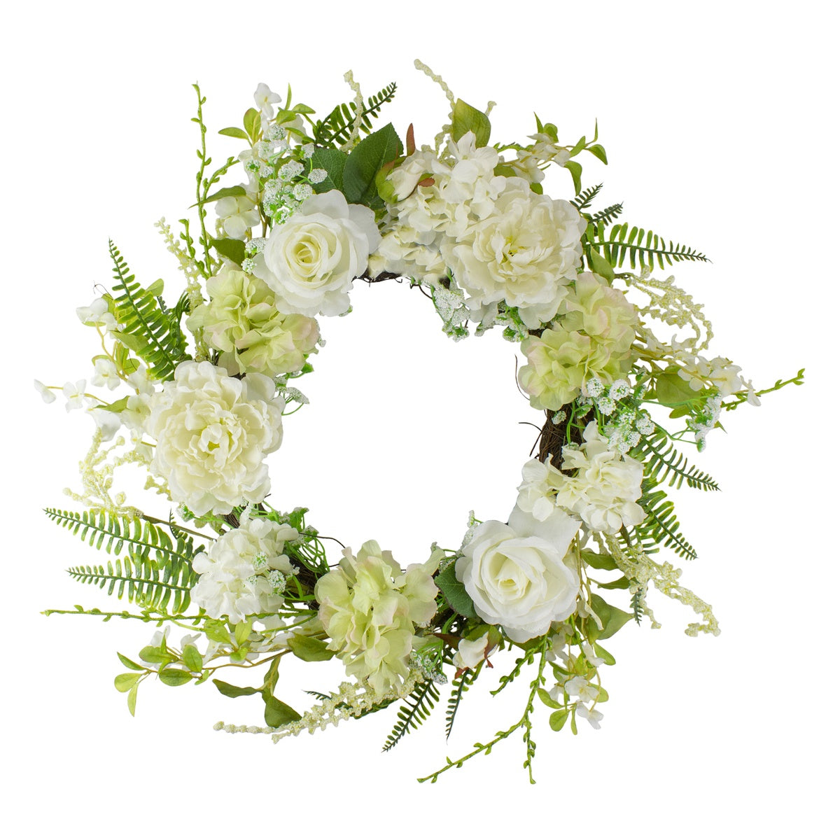  Northlight Peony and Rose Artificial Spring Wreath  White and Green - 24-Inch - Default Title - Bonton