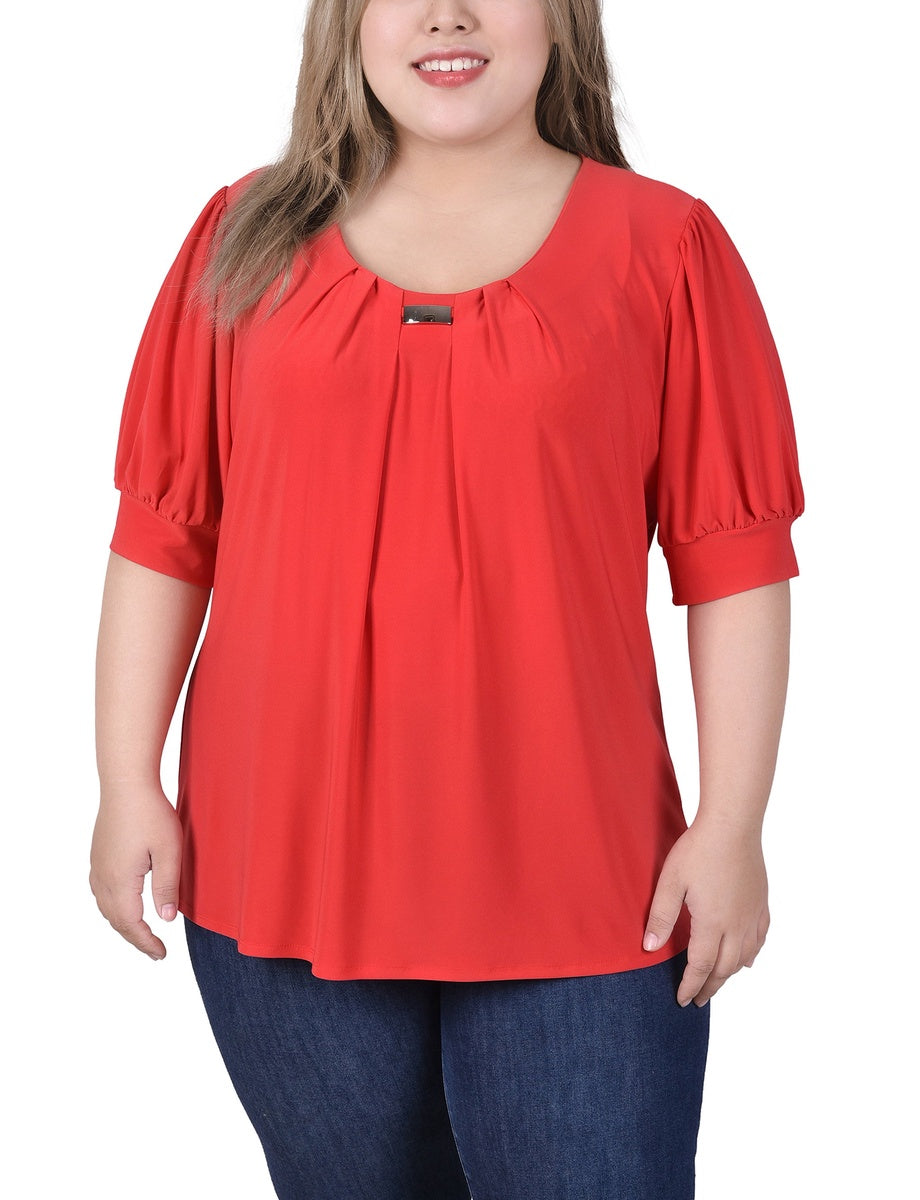  NY Collection Plus Size Short Sleeve Balloon Sleeve Top With Hardware - Bittersweet - Bonton