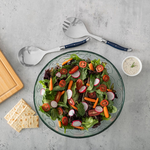 Recycled Glass Celebration Salad Bowl With Navy Laguiole Serving Utensils