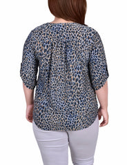 Plus Size 3/4 Roll Tab Zip Front Jacquard Knit Top