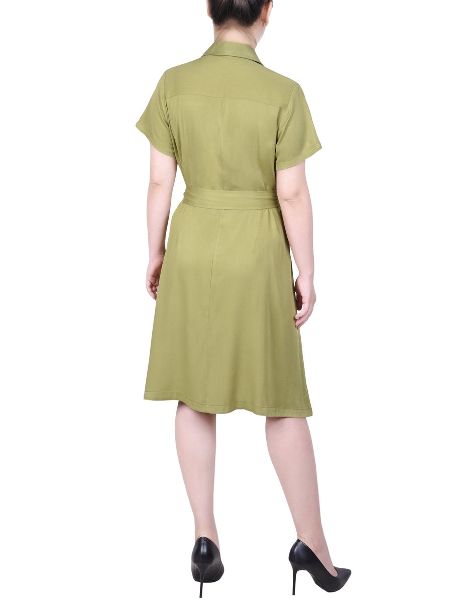  NY Collection Petite Short Sleeve Safari Style Dress - Olive Green - Bonton