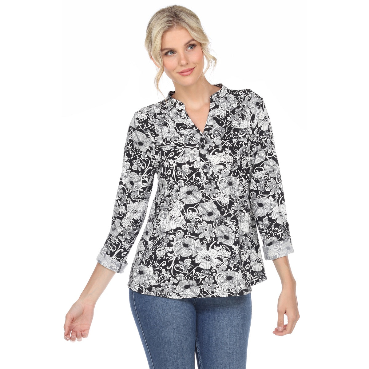  White Mark Women's Pleated Long Sleeve Floral Print Blouse - S - Bonton