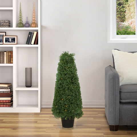 3' Pre-Lit Artificial Boxwood Cone Topiary Tree With Round Pot  Clear Lights
