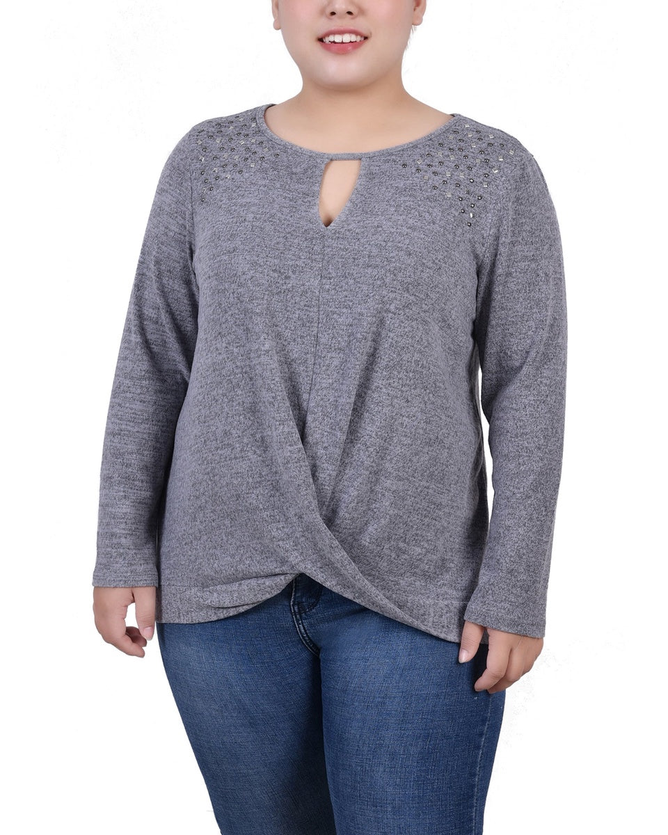  NY Collection Plus Size Long Sleeve Knit Keyhole Top With Studs - Navy - Bonton