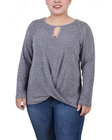 Plus Size Long Sleeve Knit Keyhole Top With Studs