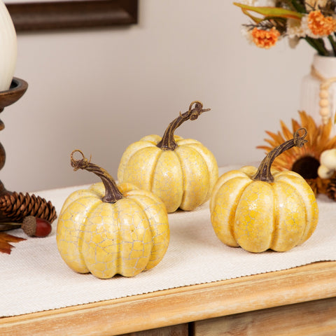 Antiqued Crackle Finish Fall Harvest Pumpkins - 4" - Set of 3 - Yellow