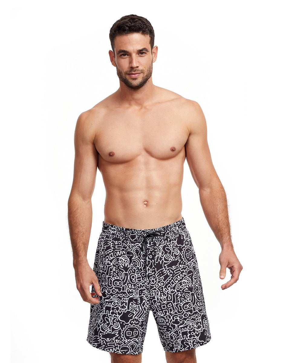  Gottex Men 7-Inch Swim Trunks - GOTTEX MEN GRAPHIC BLACK AND WHITE - Bonton