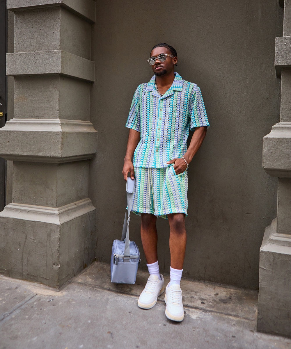  Reason Clothing Textured Knit Short Sleeve Button Down Shirt - Light Blue - MULTI - Bonton