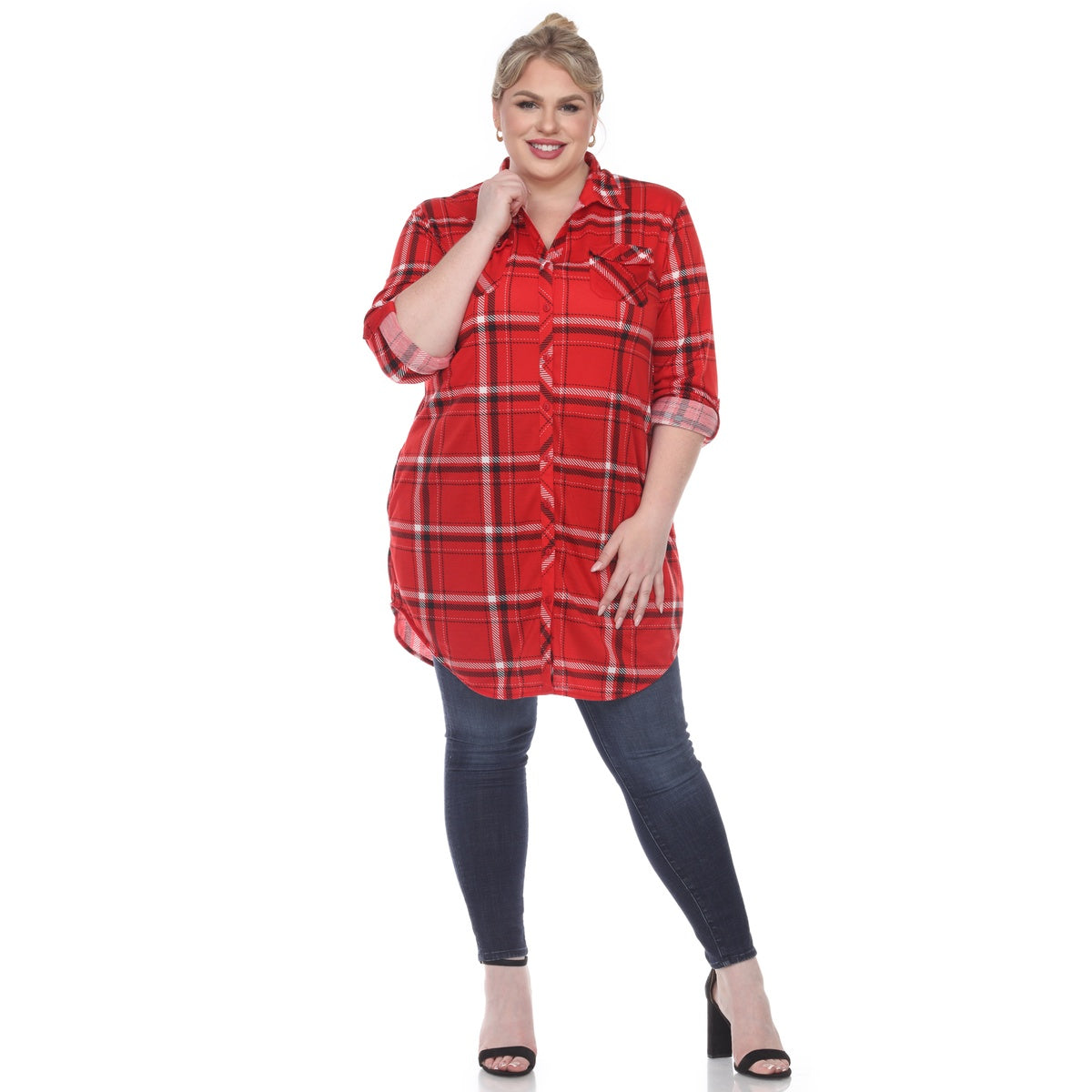  White Mark Plus Size Plaid Tunic Top - 1X - Bonton