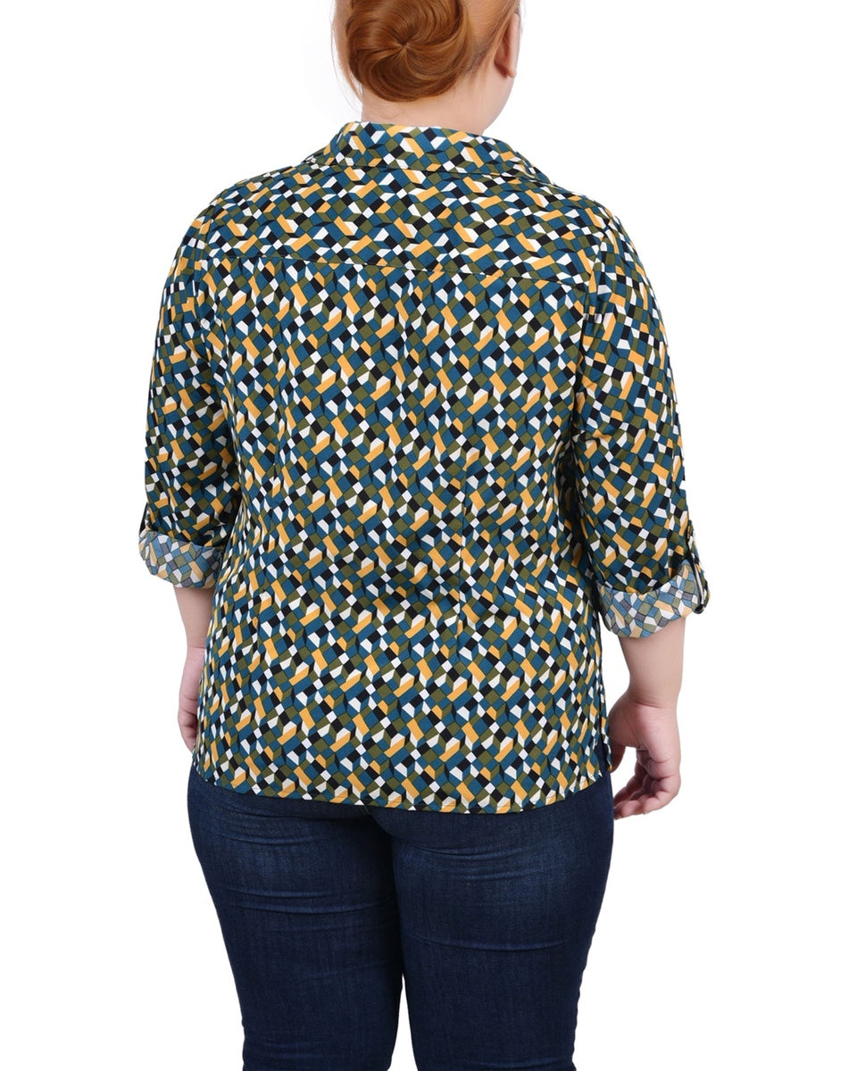  NY Collection Plus Size 3/4 Sleeve Roll Tab Notch Collar Blouse - Black And Doeskin Floral Iconi - Bonton