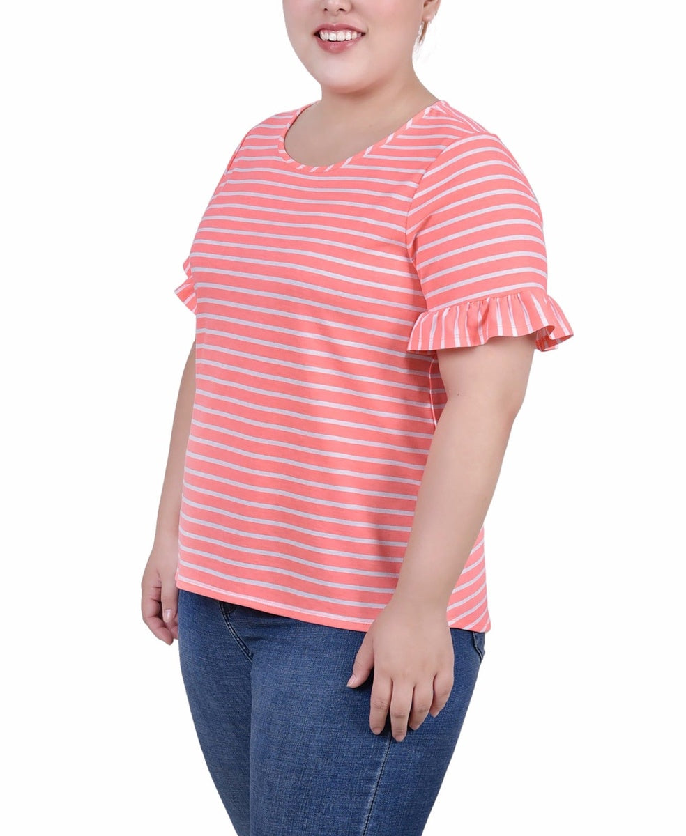  NY Collection Plus Size Short Bell Sleeve Top - Navy Double Stripe - Bonton