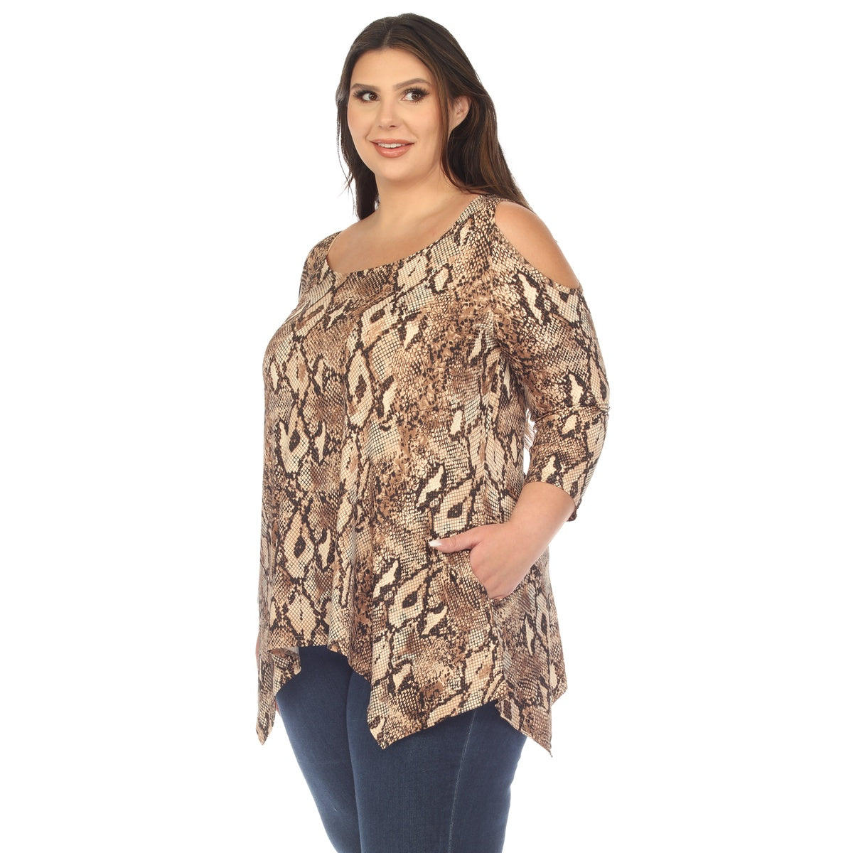  White Mark Plus Size Snake Print Cold Shoulder Tunic - 1X - Bonton