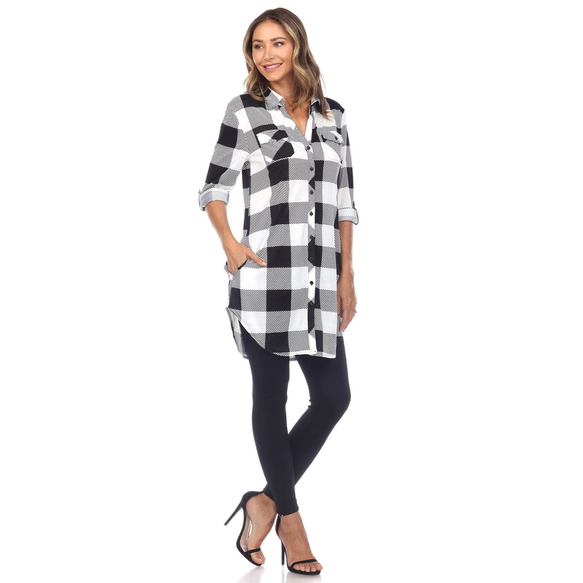  White Mark Women's Plaid Button Down Tunic Top - S - Bonton