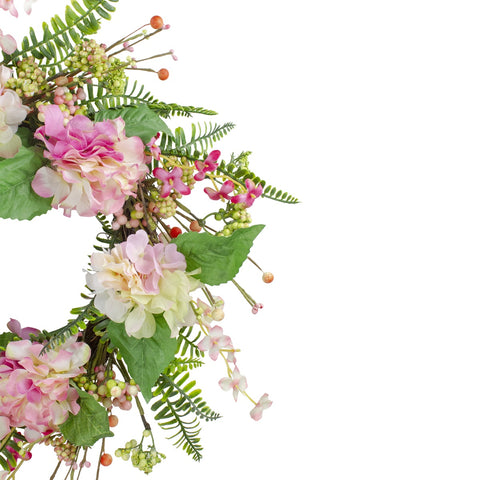 Hydrangea  Berry and Fern Artificial Spring Floral Wreath  Pink - 20-Inch