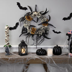 Skulls With Roses Halloween Foliage Wreath - 14" - Orange  Gray and Black - Unlit