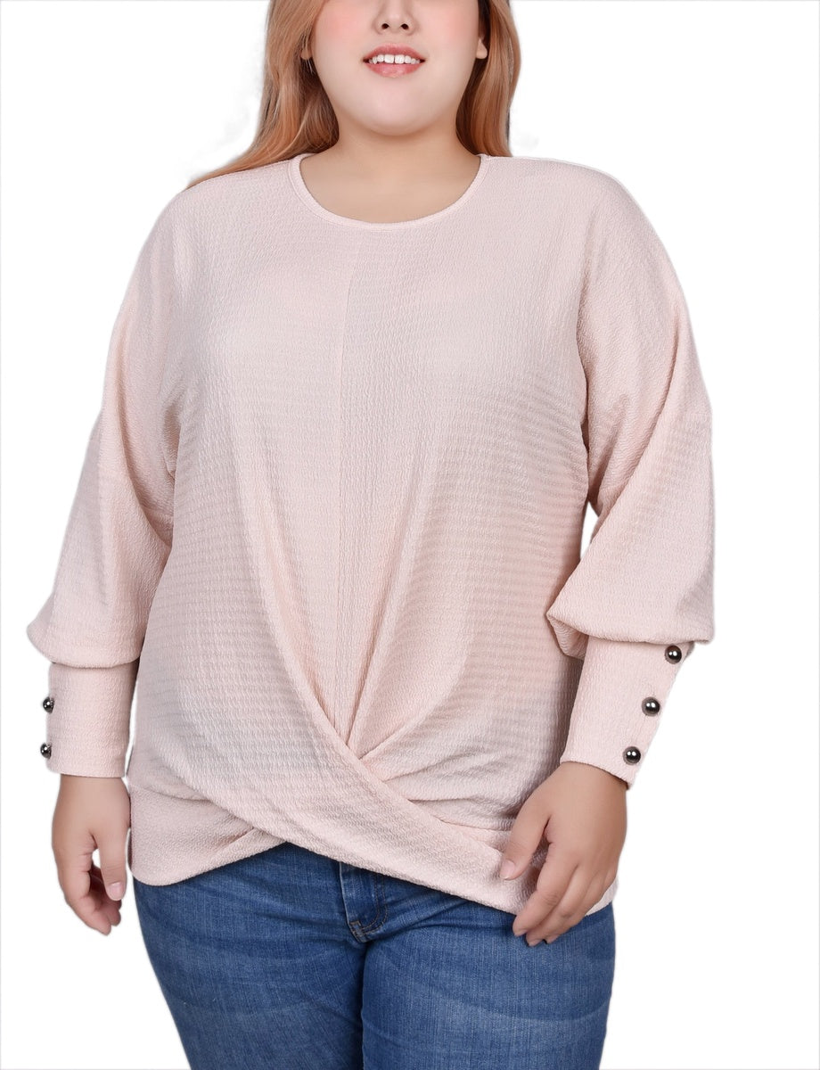  NY Collection Plus Size Long Sleeve Textured Knit Top - Shell Pink - Bonton