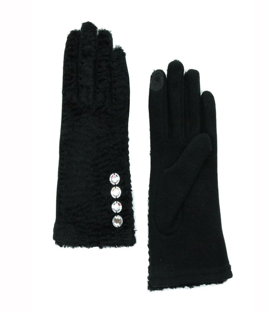Boucle Fabric Gloves With Stones Black