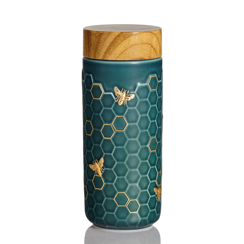  Acera Honey Bee Ceramic Travel Mug / Gold 12.3 Oz - Black and Hand-Painted Gold Bees - Bonton