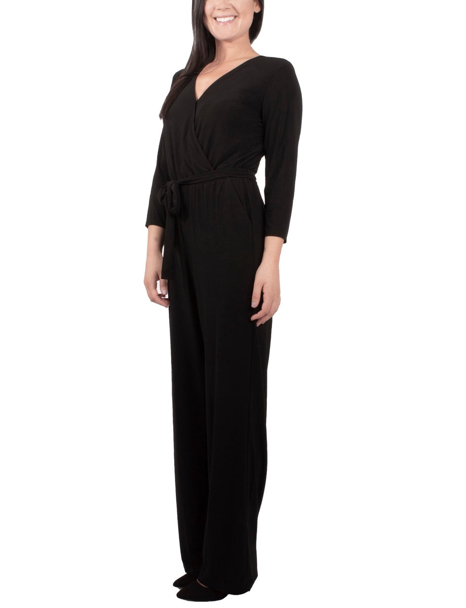  NY Collection Petite 3/4 Sleeve Belted Jumpsuit - Black - Bonton