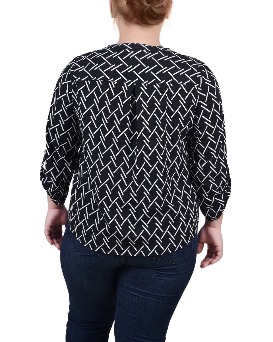  NY Collection Plus Size 3/4 Roll Tab Sleeve Y-Neck Blouse - Black White Rope Iconic - Bonton