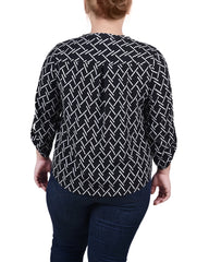 Plus Size 3/4 Roll Tab Sleeve Y-Neck Blouse