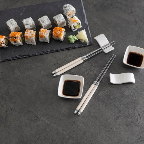 Chopsticks With Faux Ivory Handles, Ceramic Rests and Sauce Bowls, Set of 2 Pairs