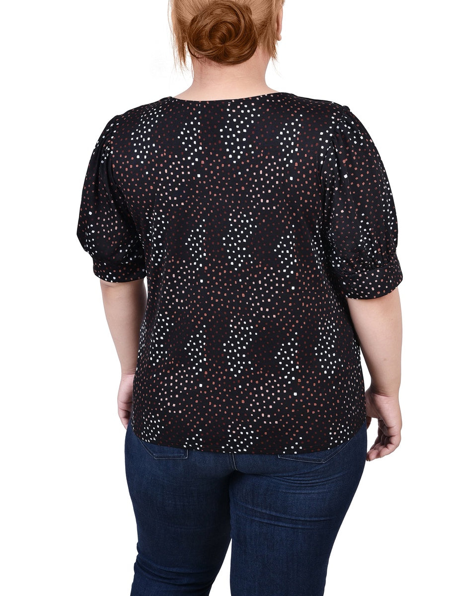  NY Collection Plus Size Short Sleeve Balloon Sleeve Top With Hardware - Black Taupe Zebra - Bonton