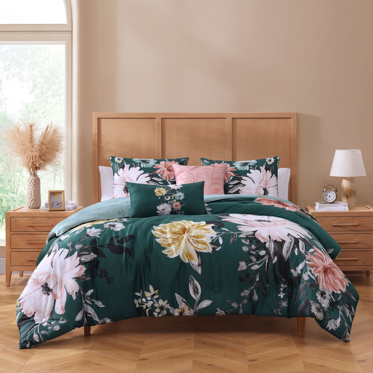  Bebejan Wild Flowers on Teal  5 Piece Reversible Comforter Set - QUEEN - Bonton