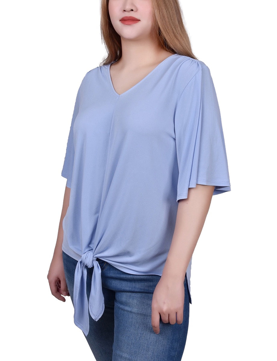  NY Collection Petite Elbow Sleeve Tie-Front Top - Blue Heron - Bonton