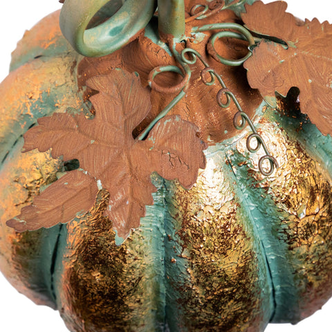 Autumn Harvest Pumpkin Metal Decoration - 13" - Orange and Green