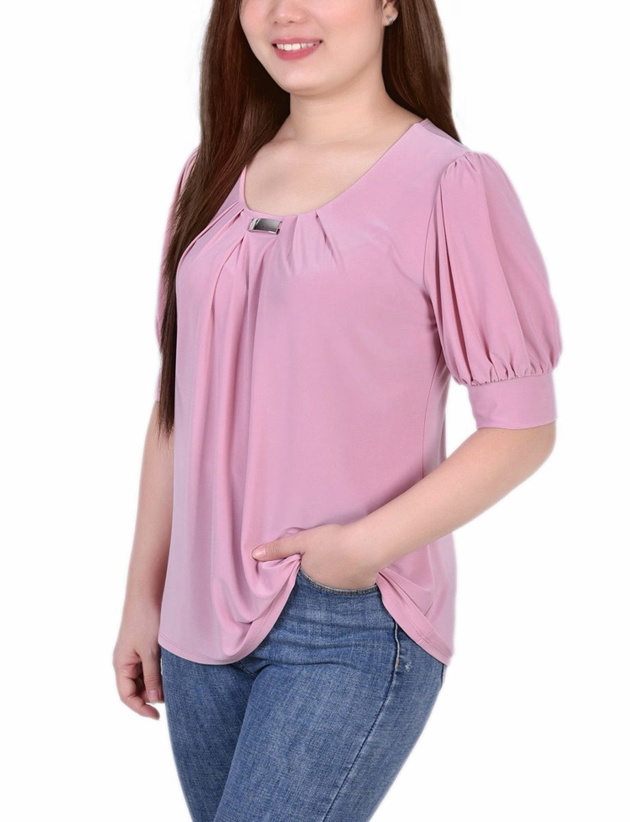  NY Collection Short Sleeve Balloon Sleeve Top With Hardware - Samoan Sun - Bonton