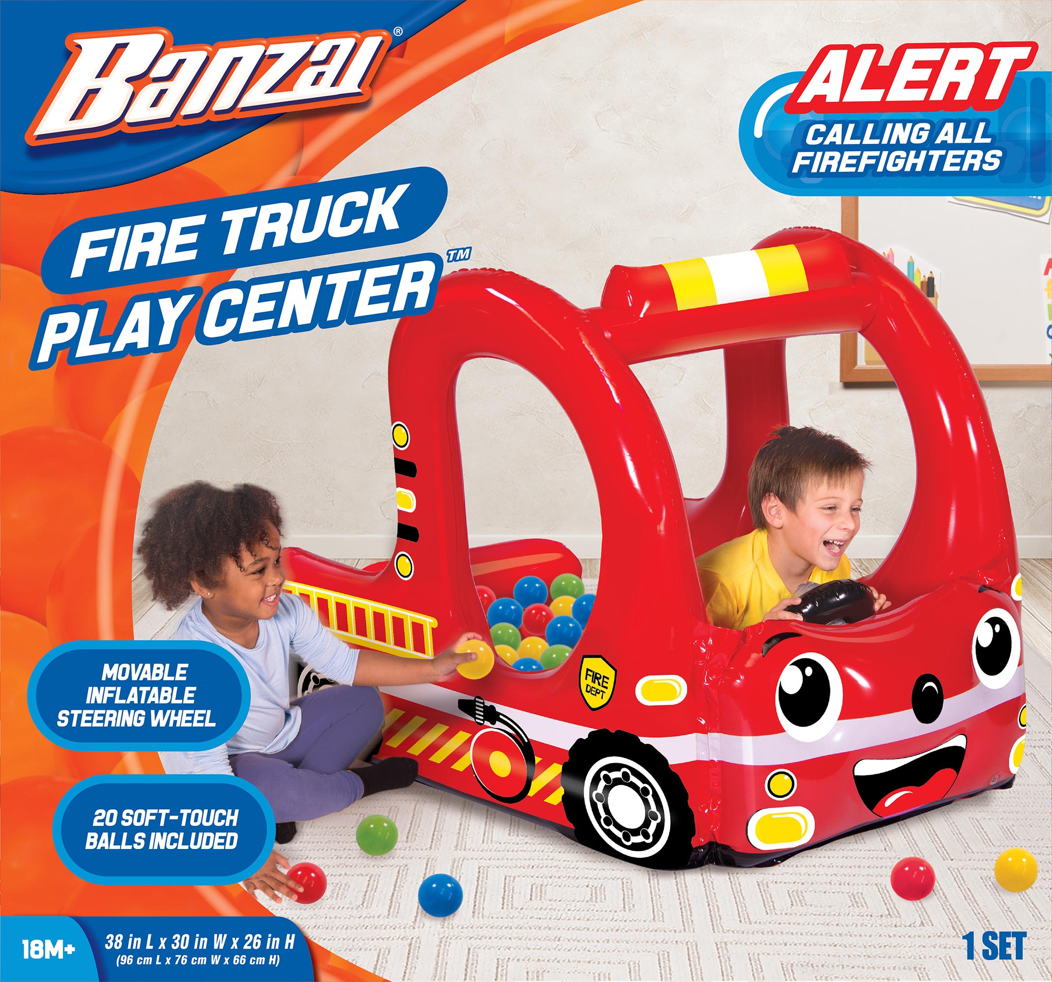  Banzai Banzai Rescue Fire Truck Play Center Inflatable Ball Pit -Includes 20 Balls - Multi - Bonton