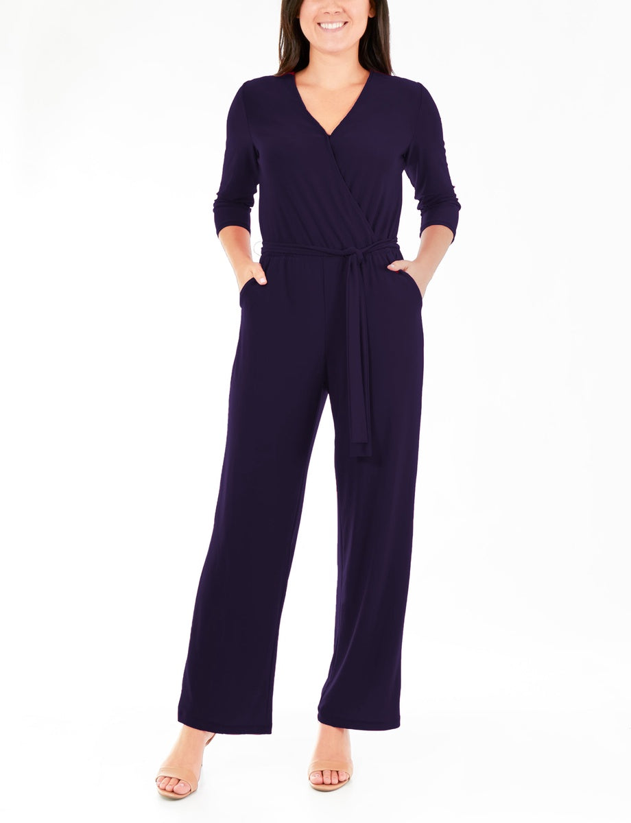  NY Collection Petite 3/4 Sleeve Belted Jumpsuit - Black - Bonton