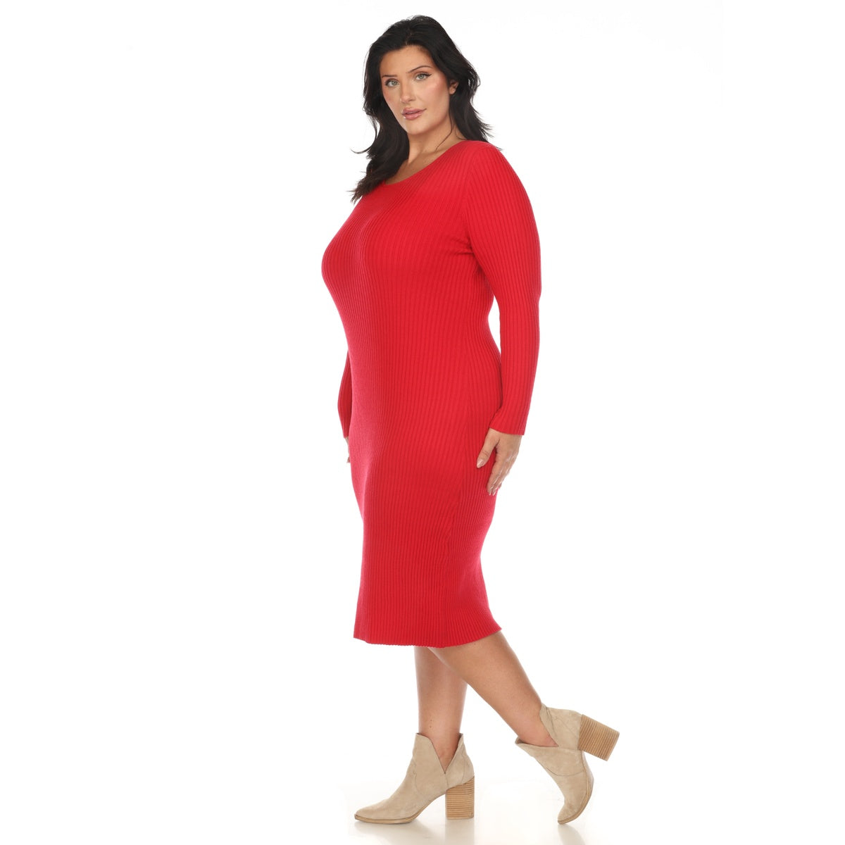  White Mark Plus Size Long Sleeve Rib Midi Sweater Dress - 1X - Bonton