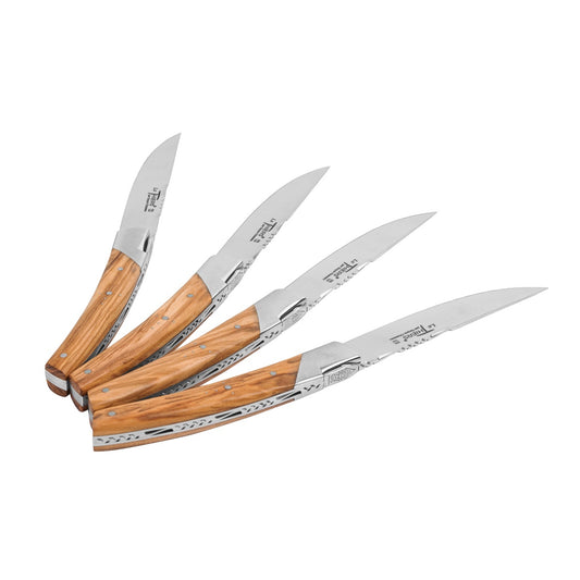 Goyon-Chazeau Set of 4 Pirou Castle Steak Knives With Olive Wood Handles