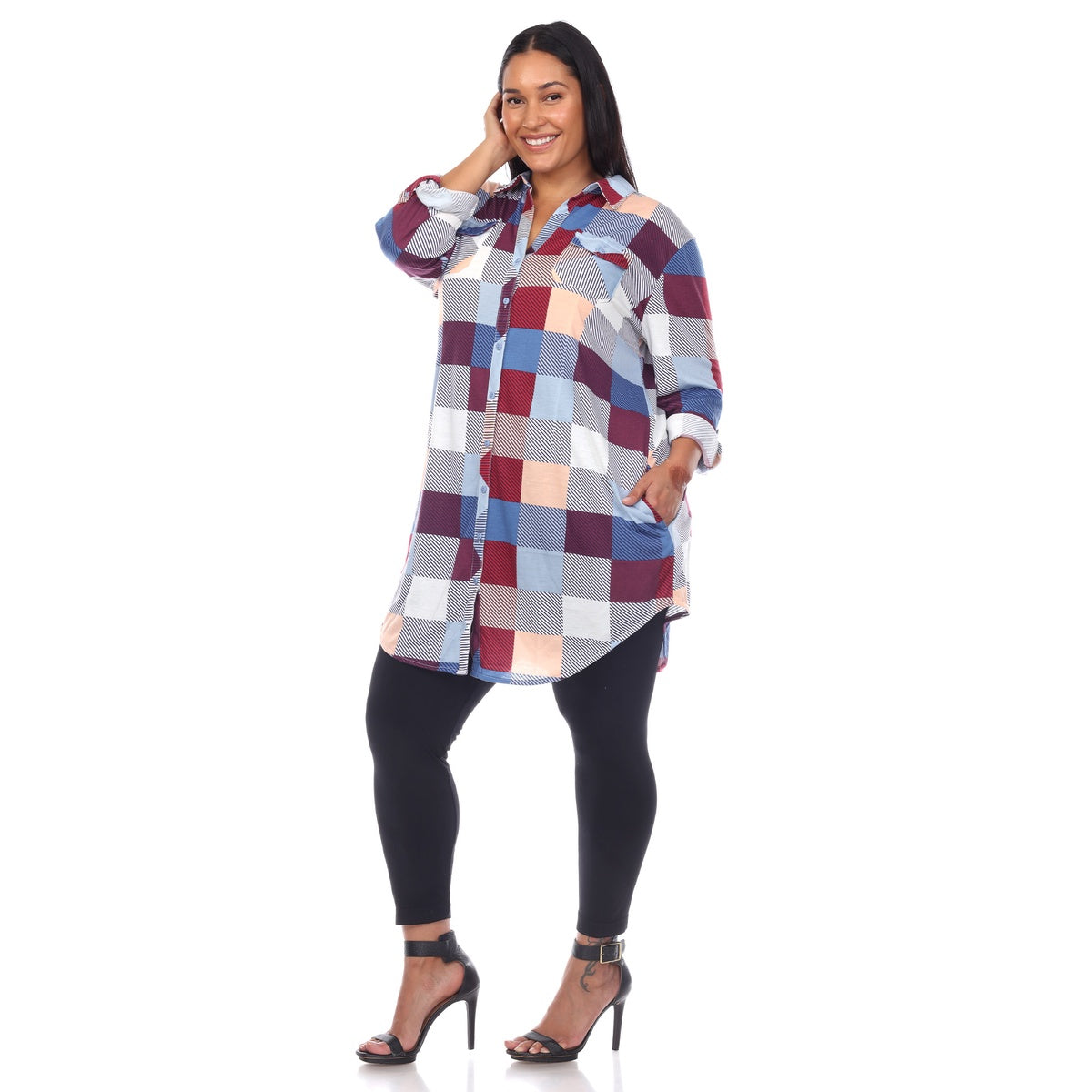  White Mark Plus Size Plaid Button Down Tunic Shirt - 1X - Bonton